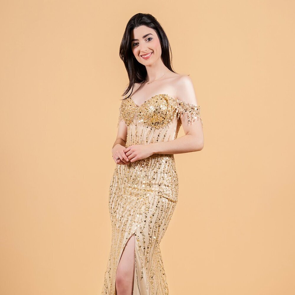 New Elegant Off Shoulder Tulle Dress w/ Beads Embroidery & Sheer Bodice GL3620